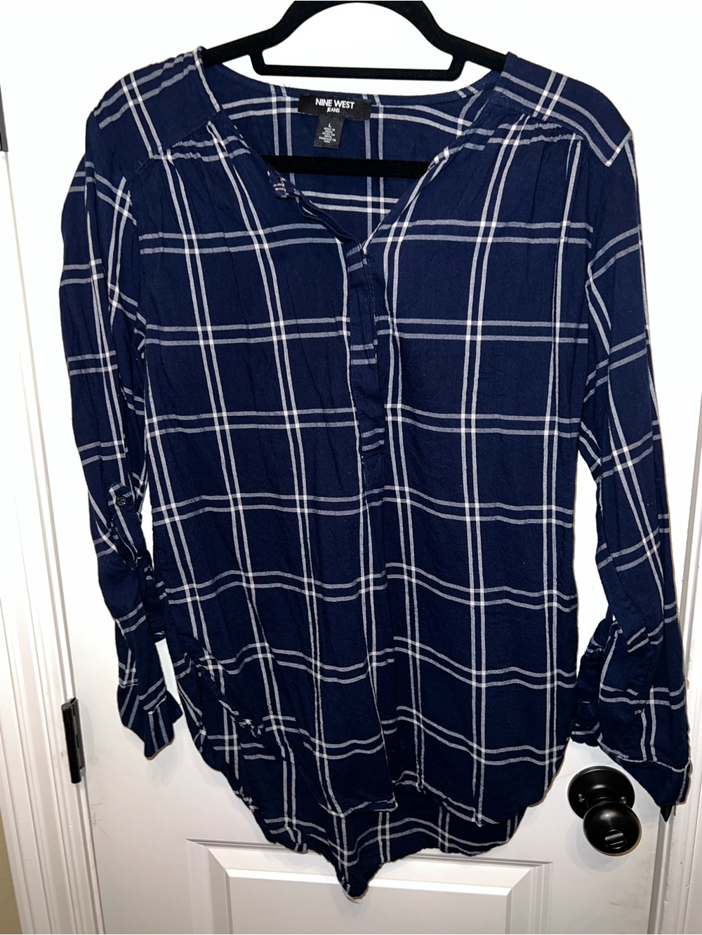 Nine West Navy and White Plaid Button-Up Top